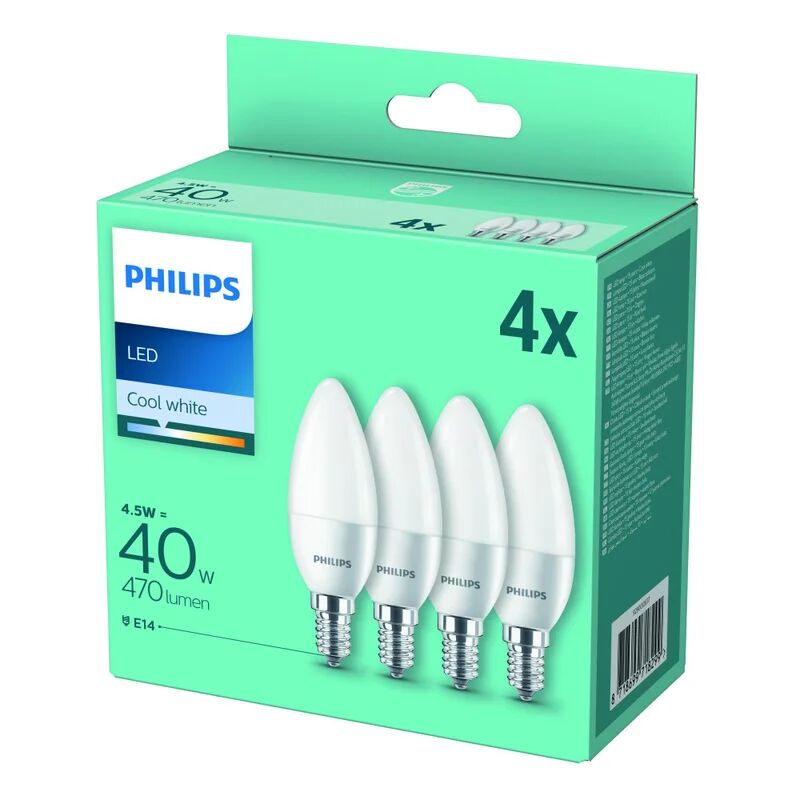 philips set da 4 lampadine led, oliva, opaco, luce naturale, 4.5w=470lm (equiv 40 w), 200° ,