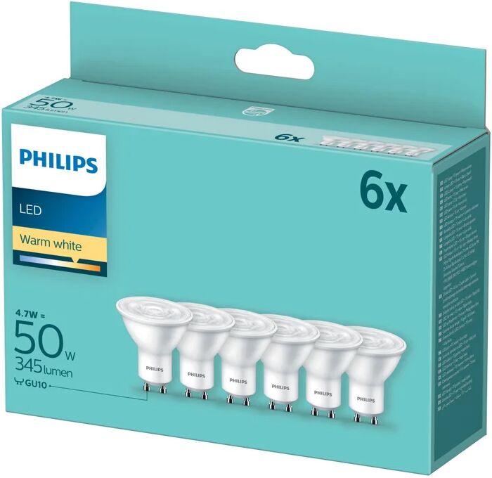 philips set da 6 lampadine led, faretto, opaco, luce calda, 4.7w=400lm (equiv 50 w), 200° ,