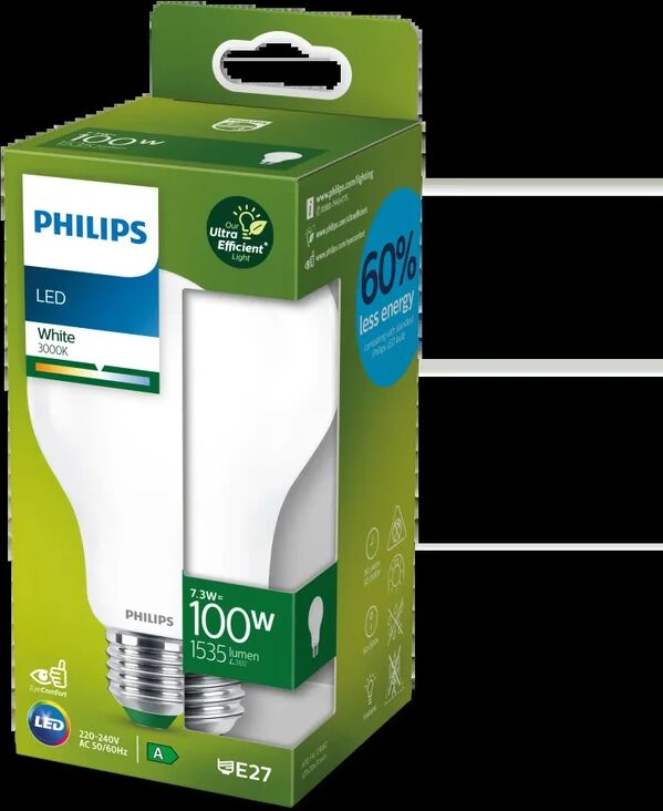 philips lampadina lecl100e27fr30a, led, goccia, trasparente, luce calda, 7.3w=1535lm (equiv 100 w), 180° ,