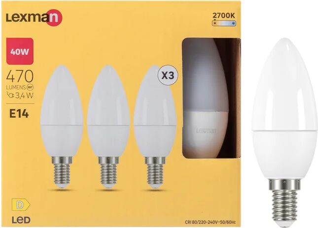 lexman set da 3 lampadine led, oliva, trasparente, luce calda, 3.4w=470lm (equiv 40 w), 300° ,