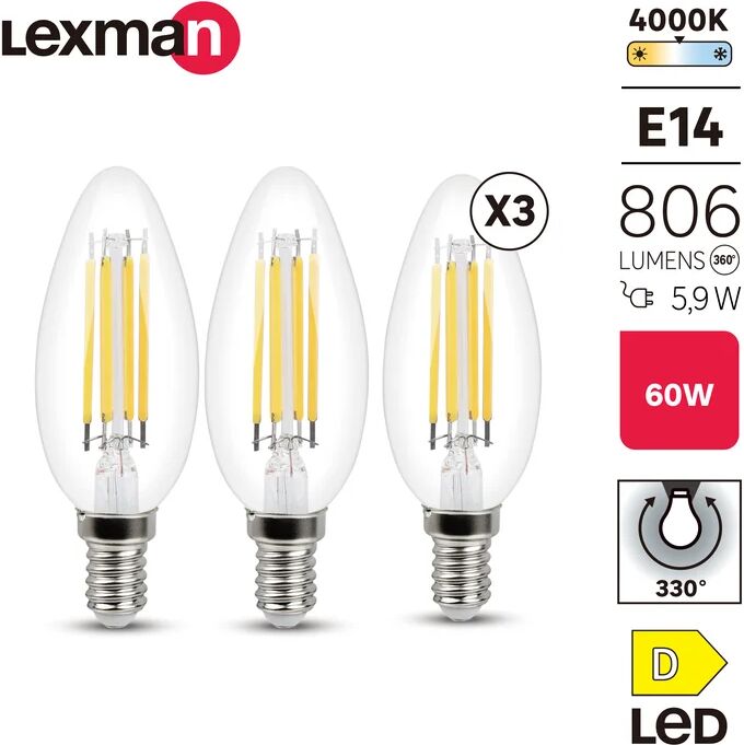 lexman set da 3 lampadine led, oliva, trasparente, luce naturale, 5.9w=806lm (equiv 60 w), 330° ,