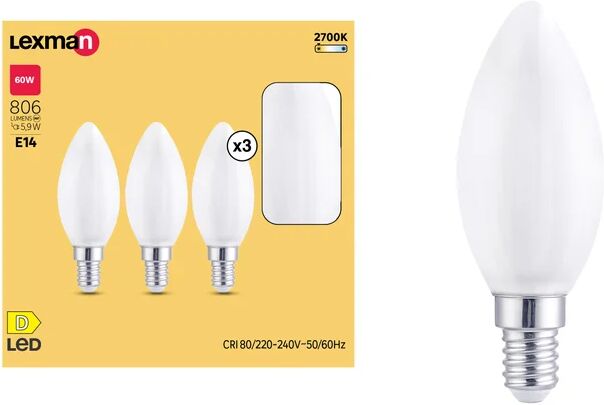 lexman set da 3 lampadine led filamento, oliva, opaco, luce calda, 5.9w=806lm (equiv 60 w), 330° ,