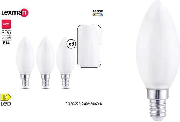 lexman set da 3 lampadine led filamento, oliva, opaco, luce naturale, 5.9w=806lm (equiv 60 w), 330° ,