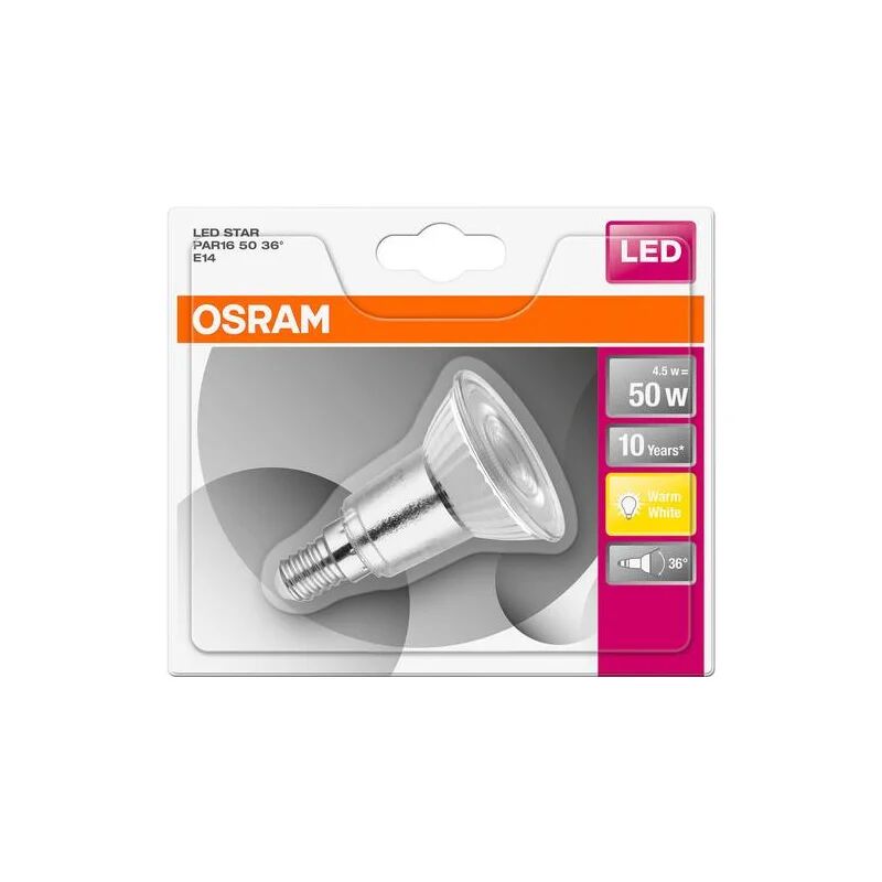 osram spot par16 lampadina led, 4.5 w equivalenti 50 w, attacco e14, luce calda 2700k, confezione da 1 pezzo