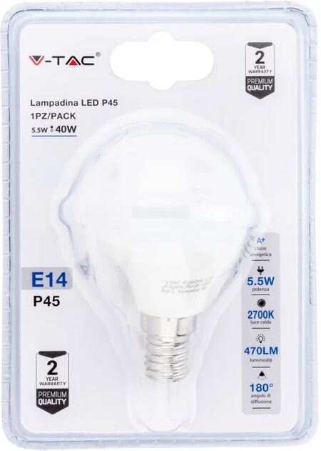 v-tac lampadina led e14 5,5w p45 2700k (blister 1 pezzo)