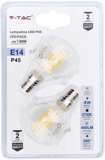 v-tac lampadina led e14 4w 100lm/w p45 filamento 2700k (blister 2 pezzi)