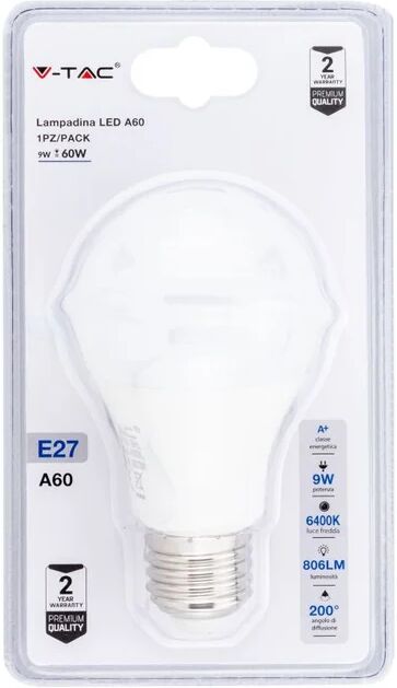 v-tac lampadina led e27 9w a60 6400k (blister 1 pezzo)