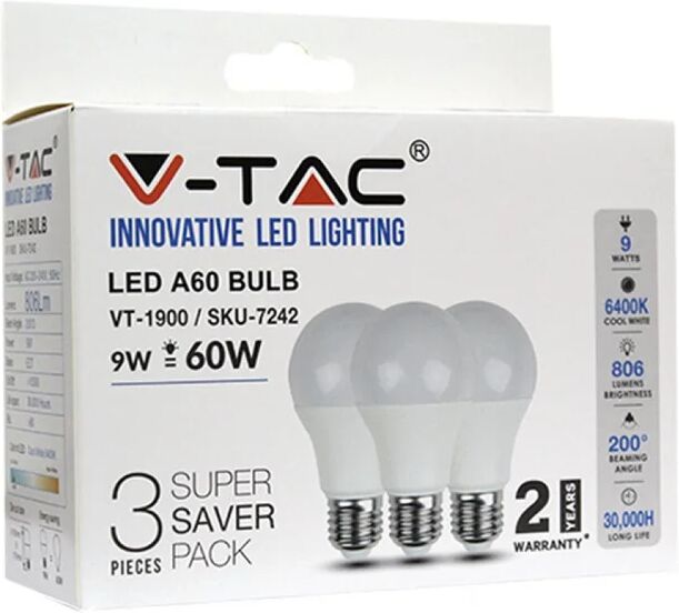 v-tac lampadina led e27 9w a60 6400k (box 3 pezzi)