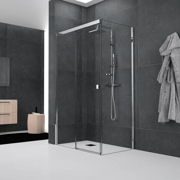 leroy merlin box doccia angolare porta scorrevole e lato fisso rettangolare glam plus 160 x 80 cm, h 200 cm in vetro, spessore 6 mm trasparente cromato