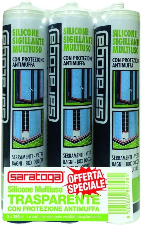 saratoga silicone sigillante  bagni e cucine tris pack trasparente 280 ml