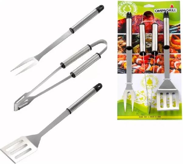 ompagrill 3360 set posate barbecue bbq pinza + paletta + forchettone in acciaio - 03360