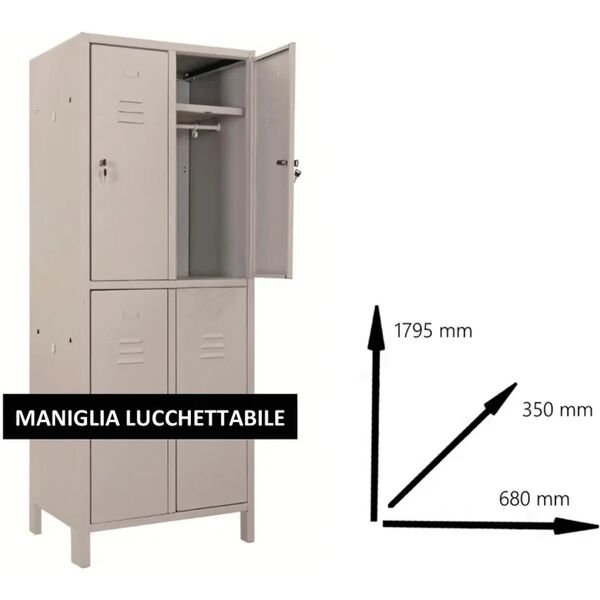 leroy merlin armadio spogliatoio monoblocco-multi p35/h interno / esterno in acciaio, grigio l 68 x h 179.5 x p 35 cm, 4 ante