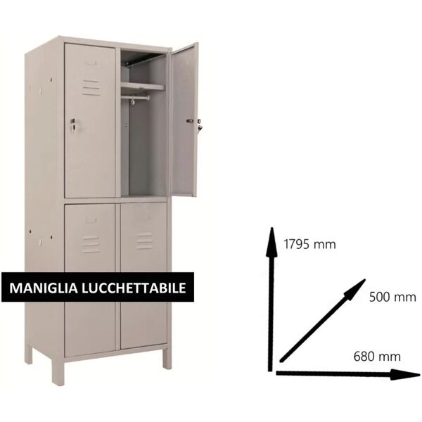 leroy merlin armadio spogliatoio monoblocco-multi p50/h interno / esterno in acciaio, grigio l 68 x h 179.5 x p 50 cm, 4 ante