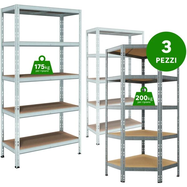 anemos set di 3 scaffali pokerino l 90 x p 40 x h 180 cm argentato, portata per ripiano 175 kg