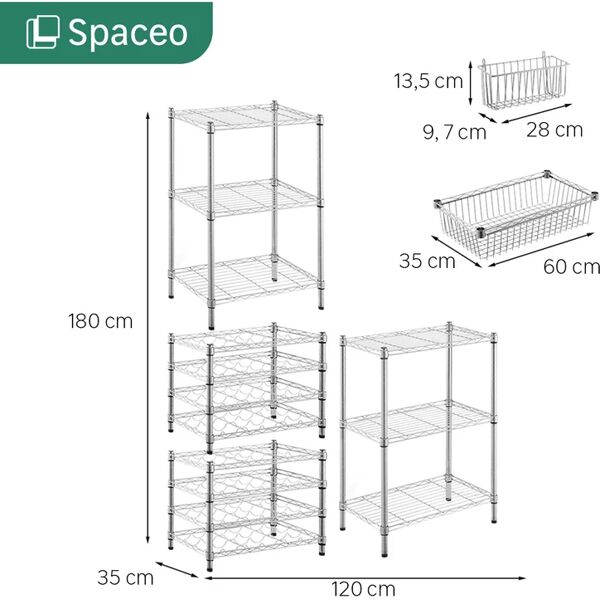 spaceo scaffale in kit 16 ripiani l 120 x p 35 x h 180 cm grigio, portata per ripiano 60 kg