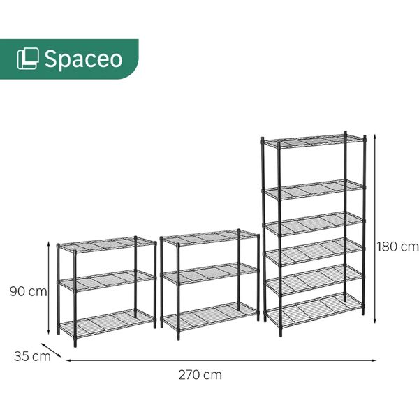 spaceo scaffale in kit 12 ripiani l 270 x p 35 x h 180 cm nero, portata per ripiano 60 kg