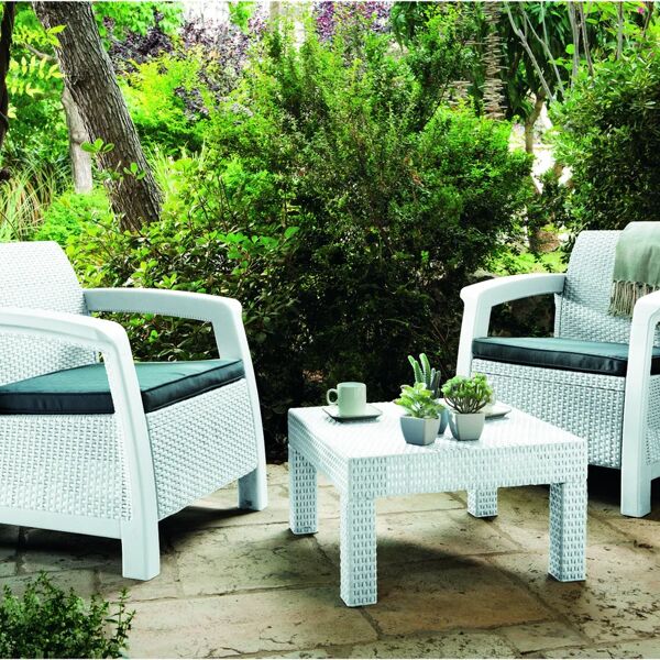 keter salotto da giardino bahamas balcony  in resina bianco e con cuscini in poliestere grigio per 2 persone