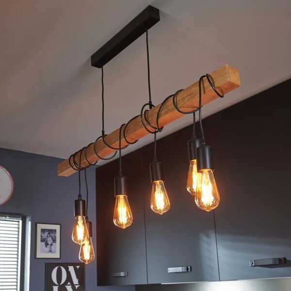 eglo lampadario industriale townshend nero/ legno , d. 10.0 cm, l. 100 cm, 6 luci,