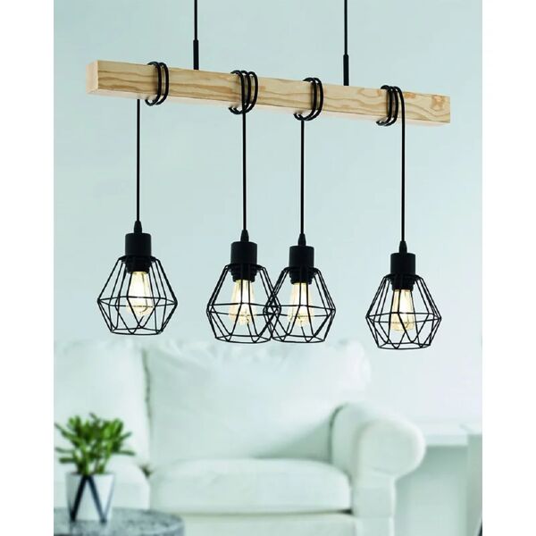 eglo lampadario industriale townshend nero, marrone in acciaio, l. 110 cm, 4 luci,