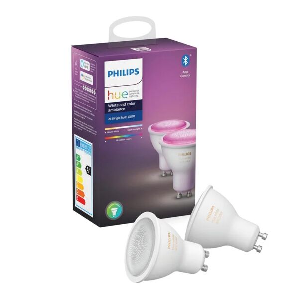 philips set da 2 lampadine hue color bluetooth, led, faretto, trasparente, rgb, 6.5w=350lm (equiv 50 w), 43° dimmerabile,