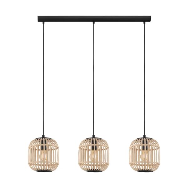 eglo lampadario natura brodesley nero/ legno in acciaio, l. 110 cm, 3 luci,