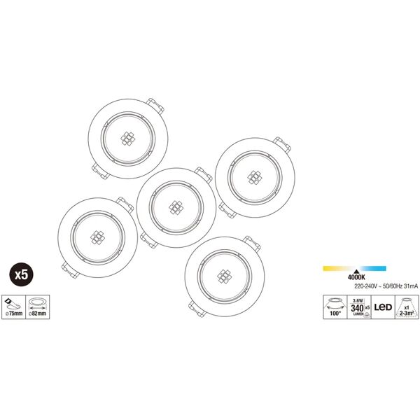 leroy merlin set da 5 pezzi faretto da incasso led fix tondo bianco, foro incasso 12,2 cm luce bianco naturale