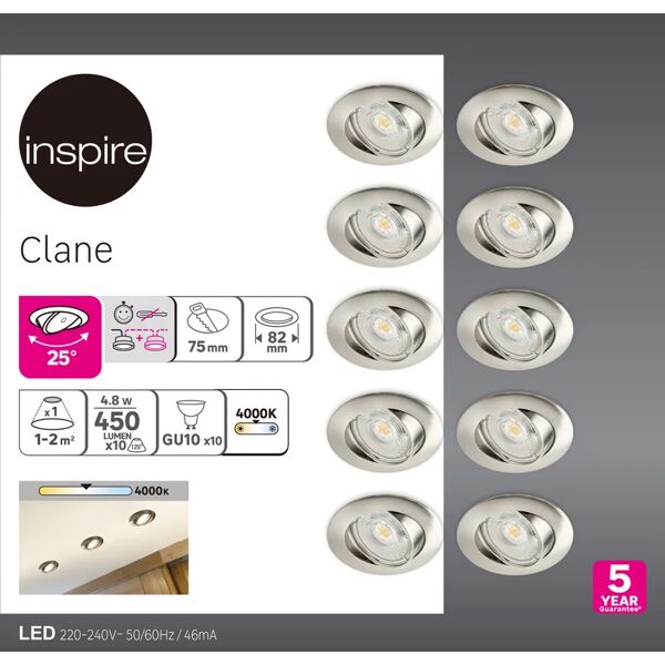 inspire set da 10 pezzi faretto da incasso led clane tondo acciaio, orientabile foro incasso 82 cm luce bianco naturale