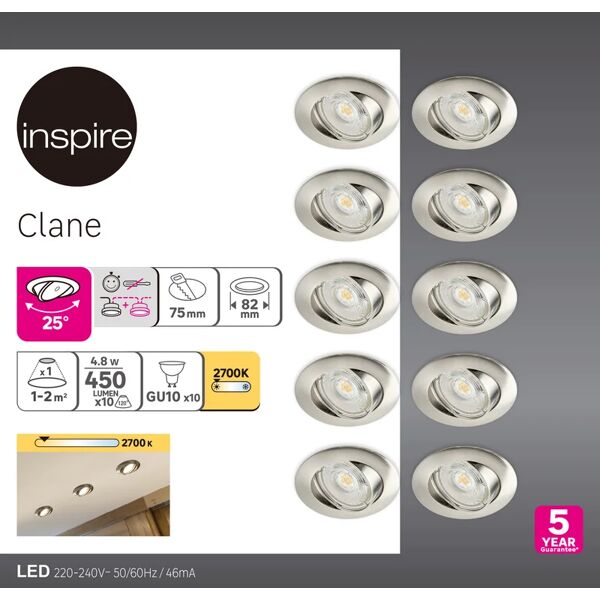 inspire set da 10 pezzi faretto da incasso led clane tondo acciaio, orientabile foro incasso 82 cm luce bianco