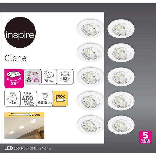 inspire set da 10 pezzi faretto da incasso led clane tondo bianco, orientabile foro incasso 82 cm luce bianco