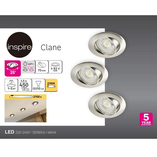 inspire set da 3 pezzi faretto da incasso led clane tondo acciaio, orientabile foro incasso 82 cm luce bianco