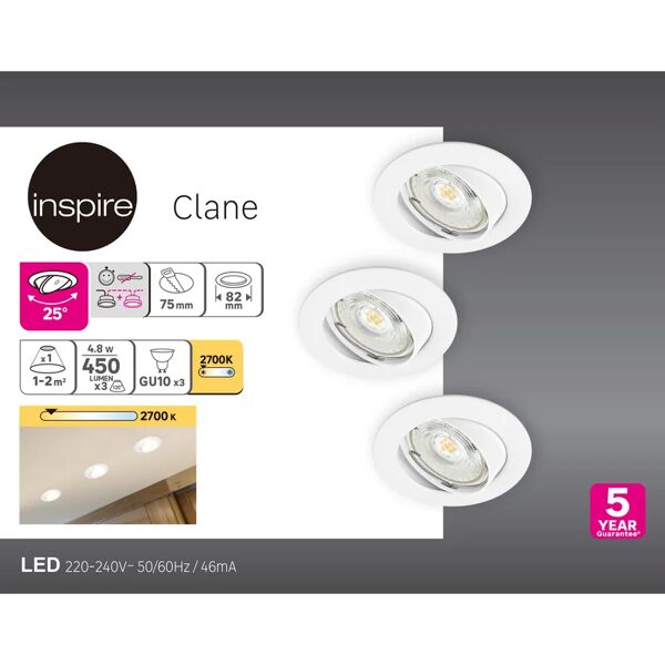 inspire set da 3 pezzi faretto da incasso led clane tondo bianco, orientabile foro incasso 82 cm luce bianco caldo