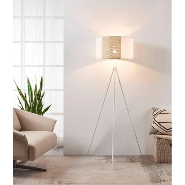 eglo lampada da terra arnhem treppiede bianco, in acciaio, con paralume in tessuto, h 151 cm,