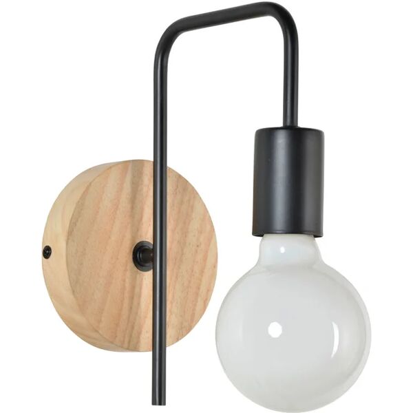 corep berkley lampada da parete con base tonda in legno naturale patinato e metallo verniciato - e27 40 w - nero