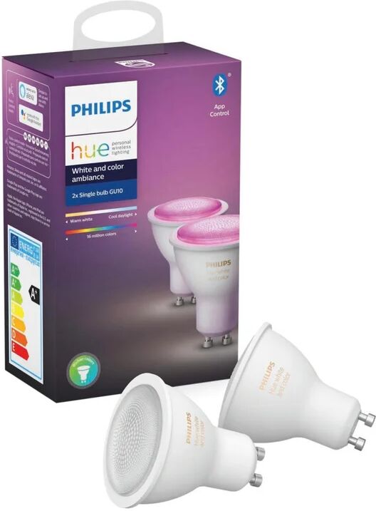 philips set da 2 lampadine hue color bluetooth, led, faretto, trasparente, rgb, 6.5w=350lm (equiv 50 w), 43° dimmerabile,