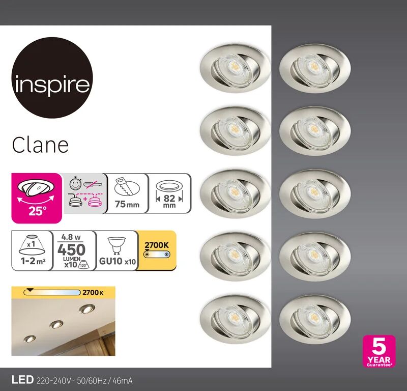 inspire set da 10 pezzi faretto da incasso led clane tondo acciaio, orientabile foro incasso 82 cm luce bianco