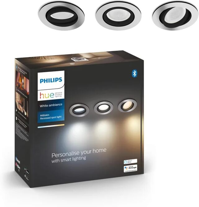 philips set da 3 pezzi faretto da incasso led milliskin hue tondo alluminio, orientabile foro incasso 9 cm luce cct regolazione da bianco caldo a bianco freddo