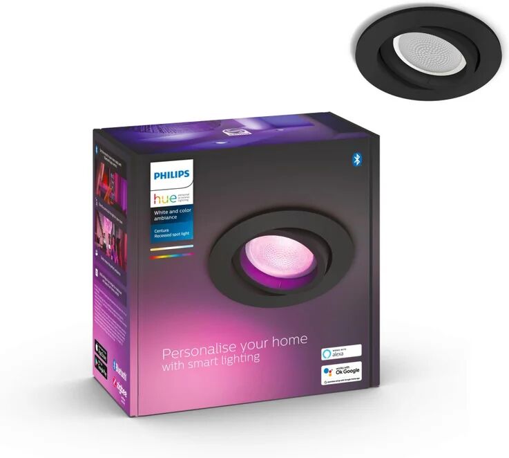 philips faretto da incasso led centura hue tondo nero, orientabile foro incasso 9 cm luce rgb