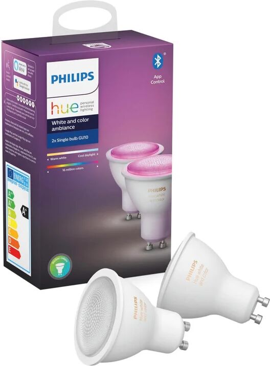 Philips Set da 2 lampadine HUE COLOR BLUETOOTH, LED, faretto, trasparente, rgb, 6.5W=350LM (equiv 50 W), 43° dimmerabile,