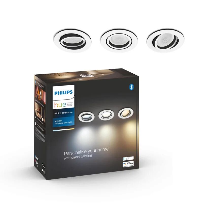 Philips Set da 3 pezzi Faretto da incasso LED Milliskin Hue tondo bianco, orientabile foro incasso 9 cm luce cct regolazione da bianco caldo a bianco freddo