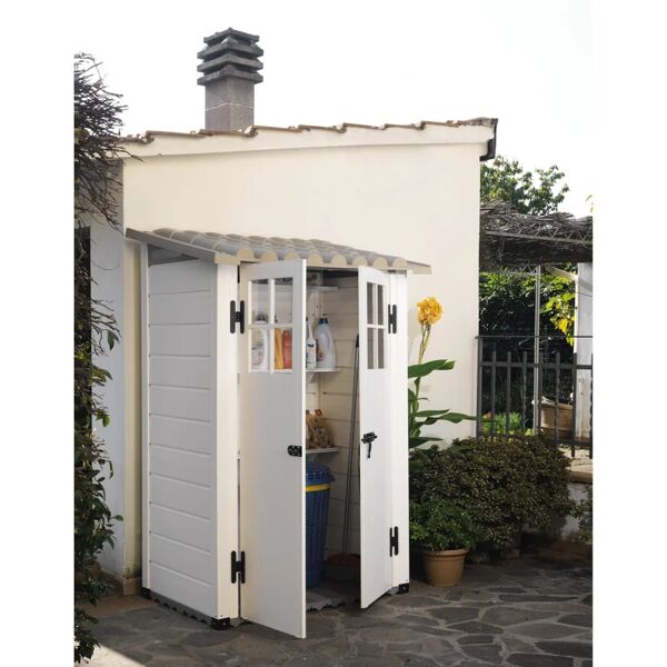garofalo casetta da giardino  in pvc tuscany evo struttura doghe bianco/avorio con porta doppio battente, superficie totale 1.32 m² e spessore parete 20 mm