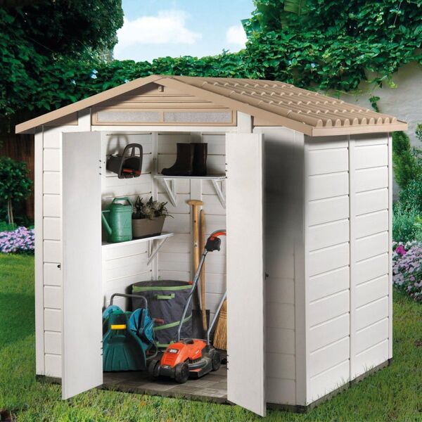 garofalo casetta da giardino  in pvc tuscany bianco/avorio con porta doppio battente, superficie totale 3.98 m² e spessore parete 20 mm