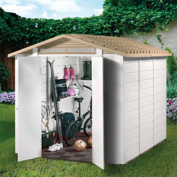 garofalo casetta da giardino  in pvc tuscany bianco/avorio con porta doppio battente, superficie totale 6 m² e spessore parete 20 mm