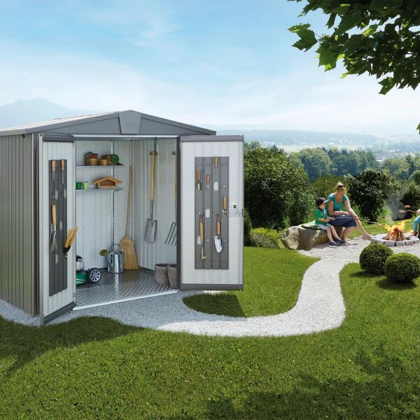 biohort casetta da giardino  in acciaio europa 4a grigio quarzo con porta doppio battente, superficie totale 4.49 m² e spessore parete 0.5 mm