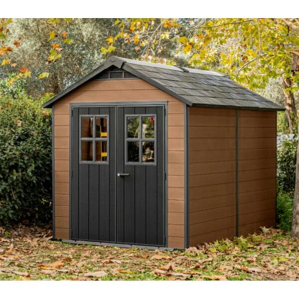 keter casetta da giardino  in polipropilene newton woodshield con porta doppio battente, superficie totale 7.2 m² e spessore parete 20 mm