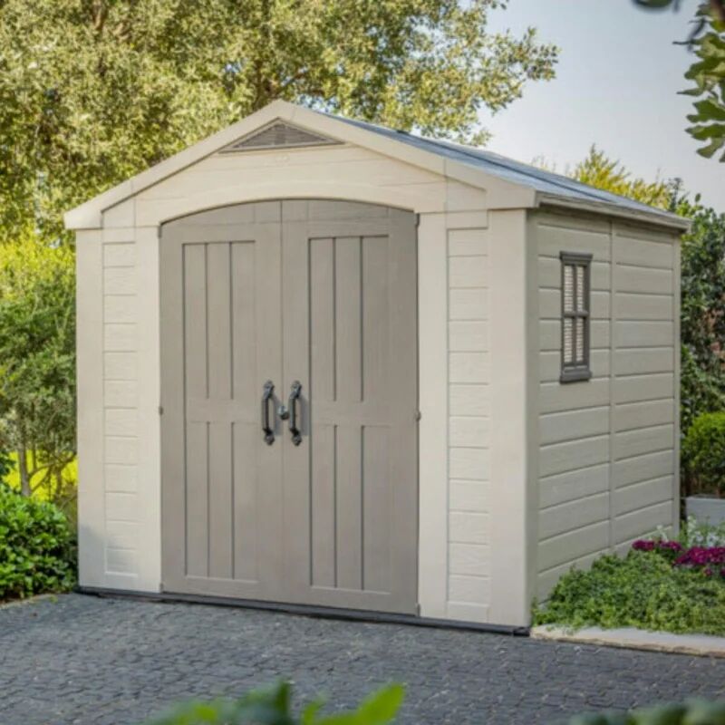 keter casetta da giardino  in resina factor con porta doppio battente, superficie totale 6.55 m² e spessore parete 16 mm