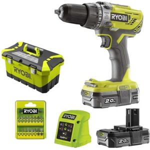 Ryobi R18PD3-220T - KIT TRAPANO AVVITATORE A PERCUSSIONE 18V CON VALIGETTA, 2 BATTERIE DA 2.0AH E 16 INSERTI + PORTA INSERTI -