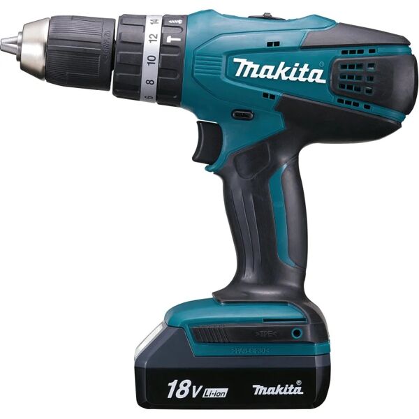 makita trapano a percussione a batteria  hp457dwe 18 v, 1.5 ah, 2 batterie con valigetta