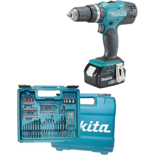 makita trapano a percussione a batteria  dhp453rfx4 18 v, 3 ah, 2 batterie con valigetta