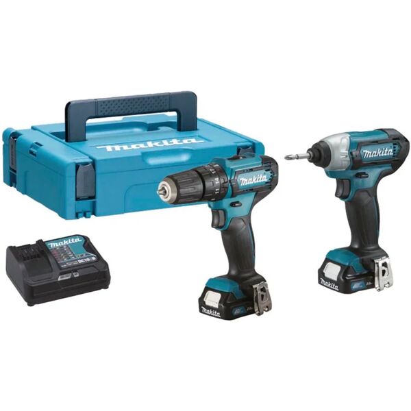 makita set di elettroutensili a batteria  kit trapano avvitatore + avv.impulsi 10.8 v, 2 ah, 2 batterie