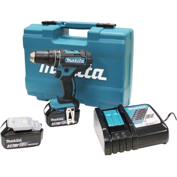 makita trapano a percussione a batteria  dhp482rfx1 18 v, 3 ah, 2 batterie con valigetta